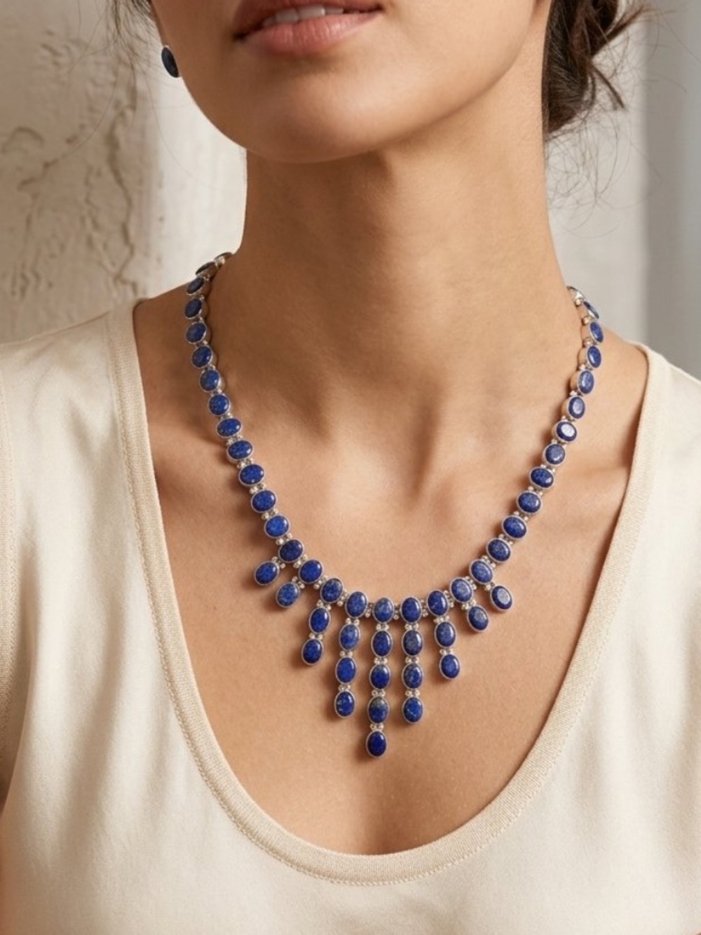 Amazing vintage 950 sterling silver Blue Lapis Stone Fringe Necklace